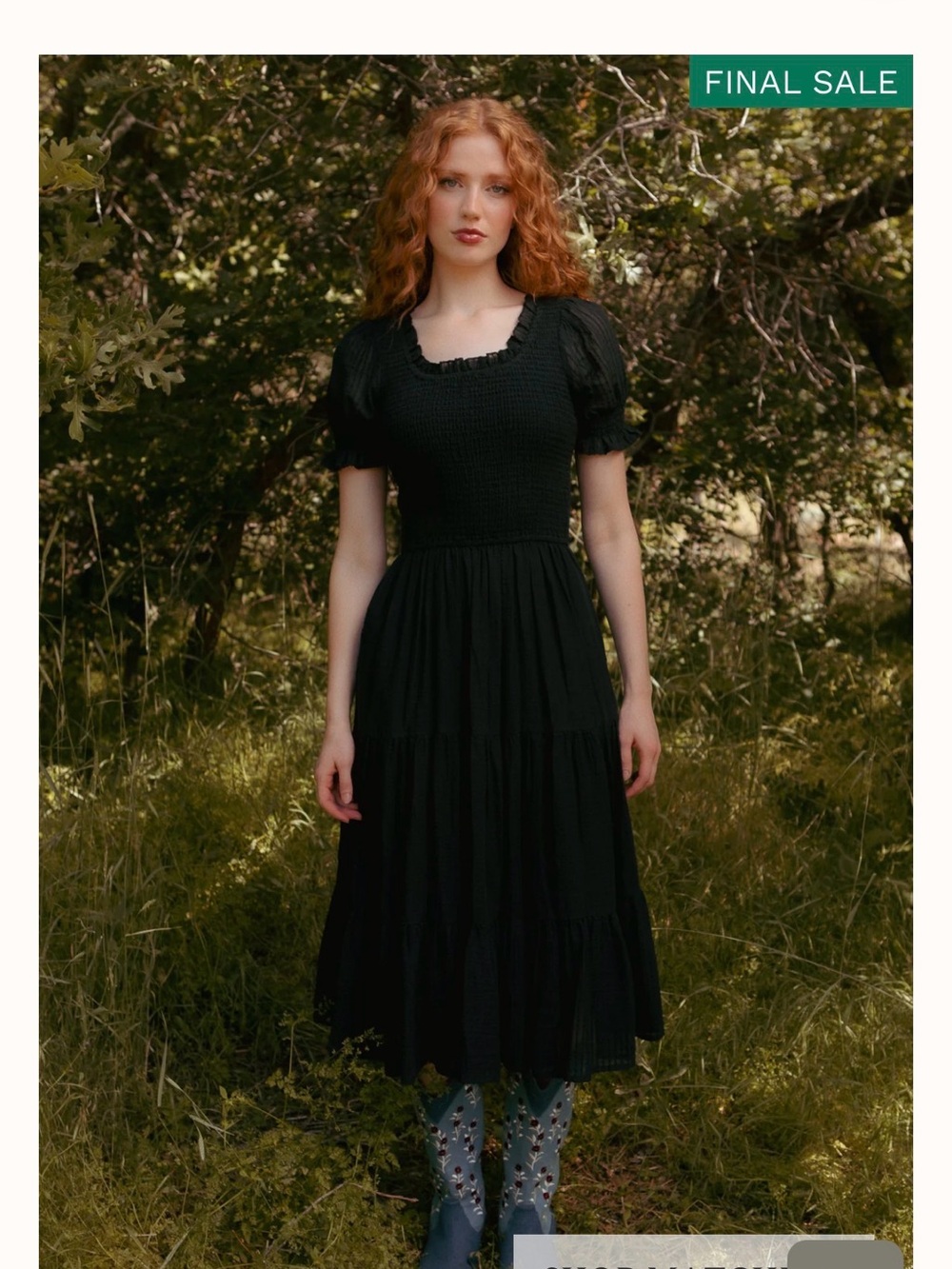 Ivy City Co Black Smocked Puff-Sleeve Midi Dress - Small